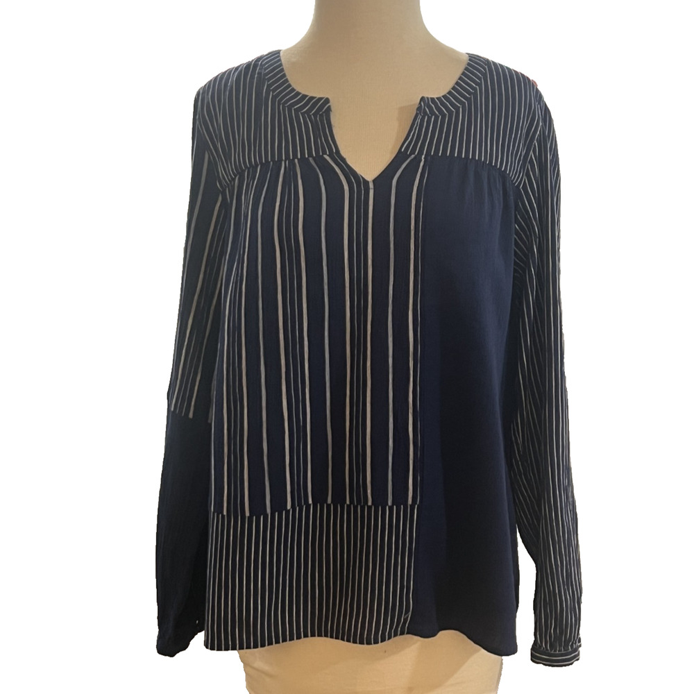Pure Jill Elements Women Small Blue Gray Tunic Blouse Split Neck 3/4 Sleeve Top